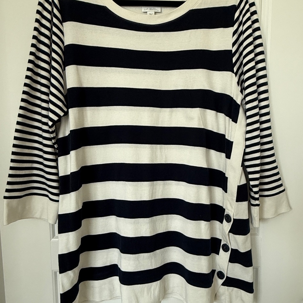 J. Jill Navy and Cream Striped 3/4 Sleeve Top Women's L Nautical Organic Cotton